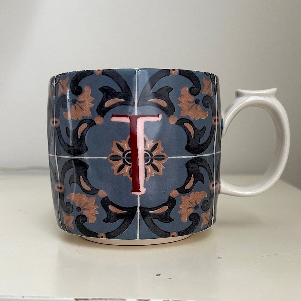 Anthropologie Monogram T letter Name Initial Coffee Mug Cup Tile Design